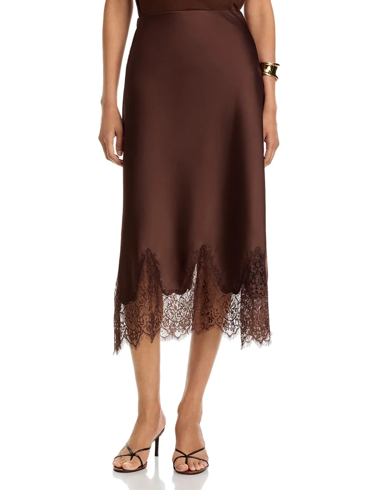 Satin Lace Trim Midi Skirt - Exclusive