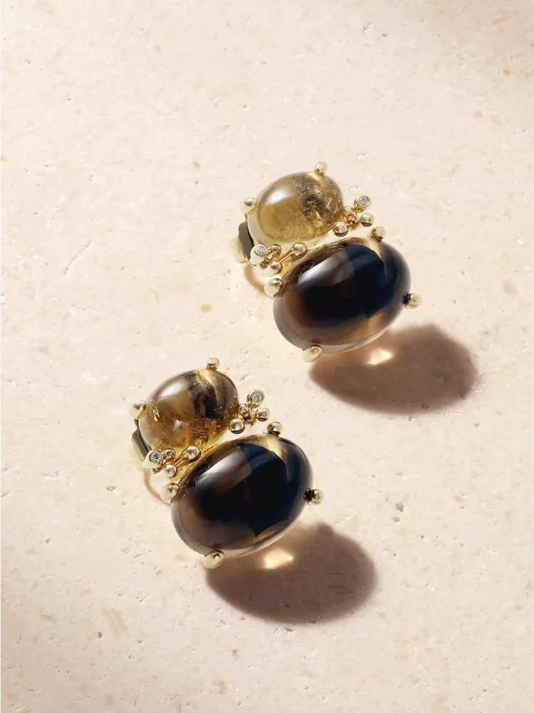 Boho 18-karat gold, quartz, tourmaline and diamond earrings