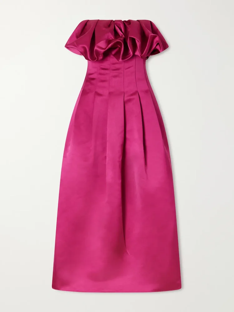 Cosima strapless ruffled pleated duchesse-satin midi dress