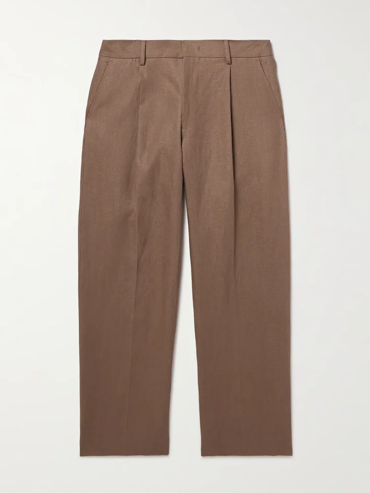 Kay 1454 Straight-Leg Pleated Linen Trousers