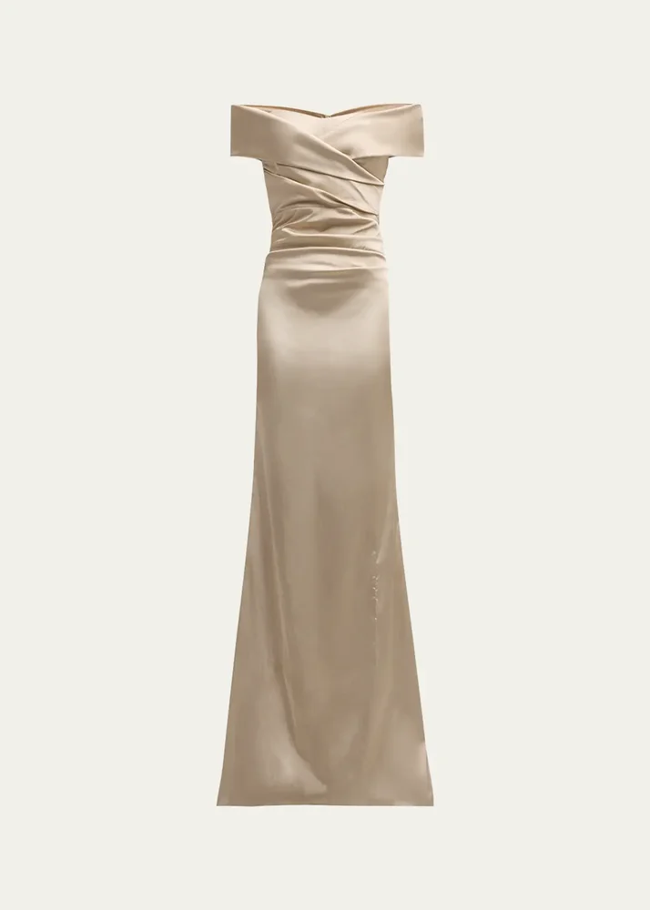 Pleated Off-Shoulder Satin Column Gown