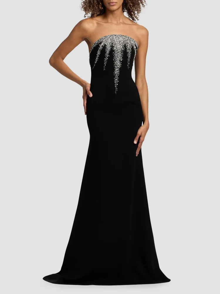 Crystal-Embellished Crepe Strapless Fit & Flare Gown
