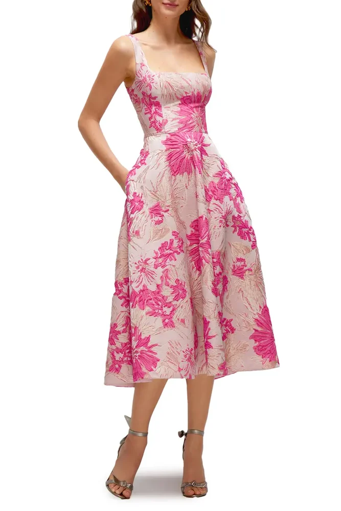 Floral Jacquard Sleeveless Fit & Flare Midi Dress
