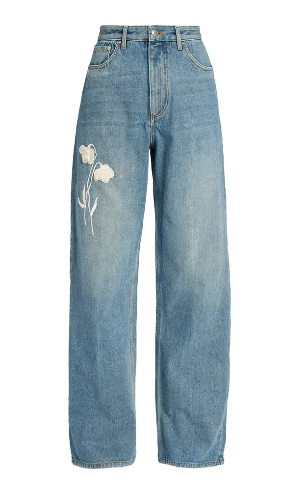 Embroidered Rigid High-Rise Straight-Leg Jeans