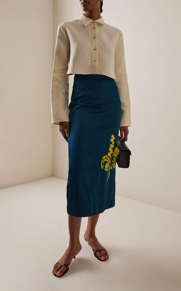 Floral Embroidered Satin Midi Skirt