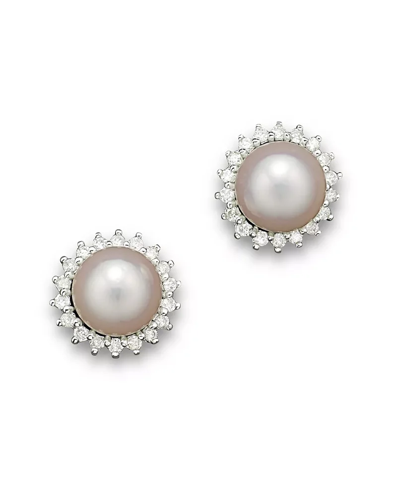 Cultured Akoya Pearl Stud Earrings with Diamonds in 14K White Gold