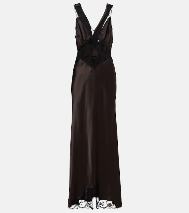 Lace-trimmed silk maxi dress