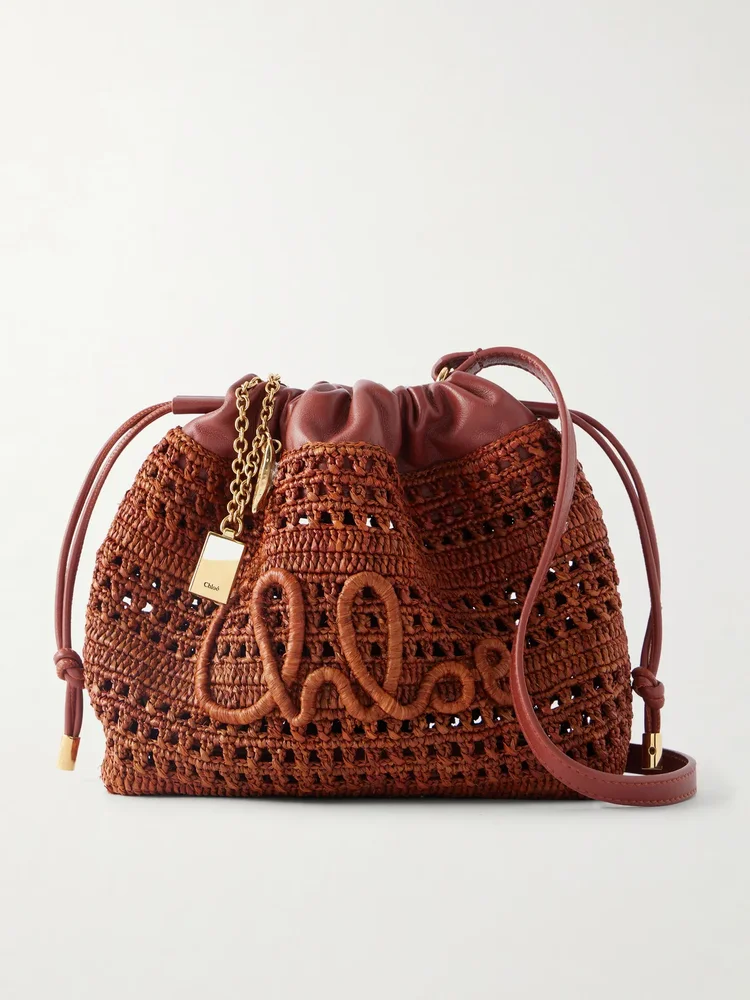 Summer Banana leather-trimmed raffia shoulder bag