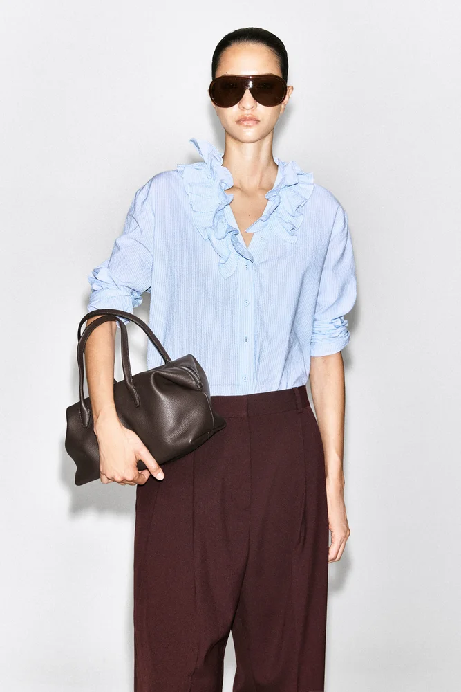 Ruffle-collar seersucker blouse