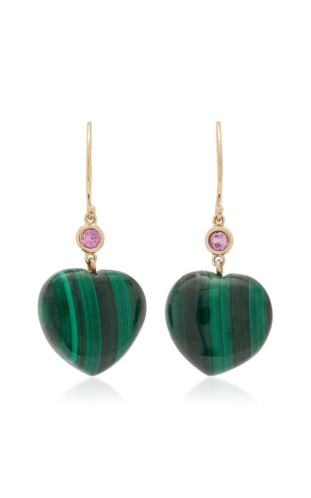14K Yellow Gold Malachite, Sapphire Earrings
