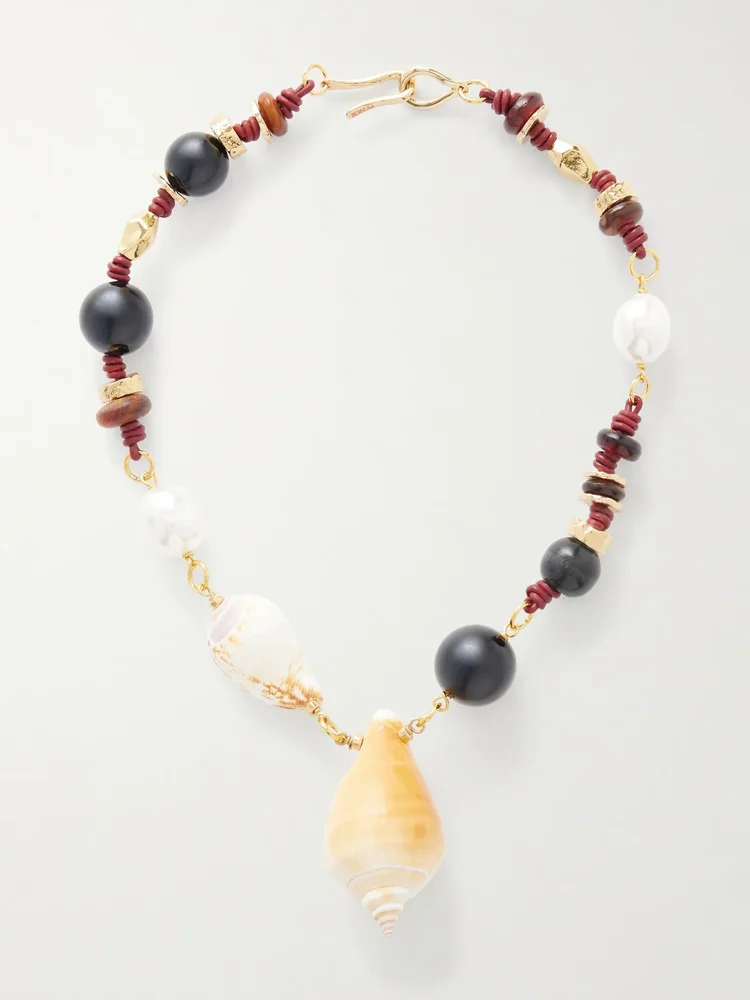 Samsara gold-plated, onyx, leather and seashell beaded necklace