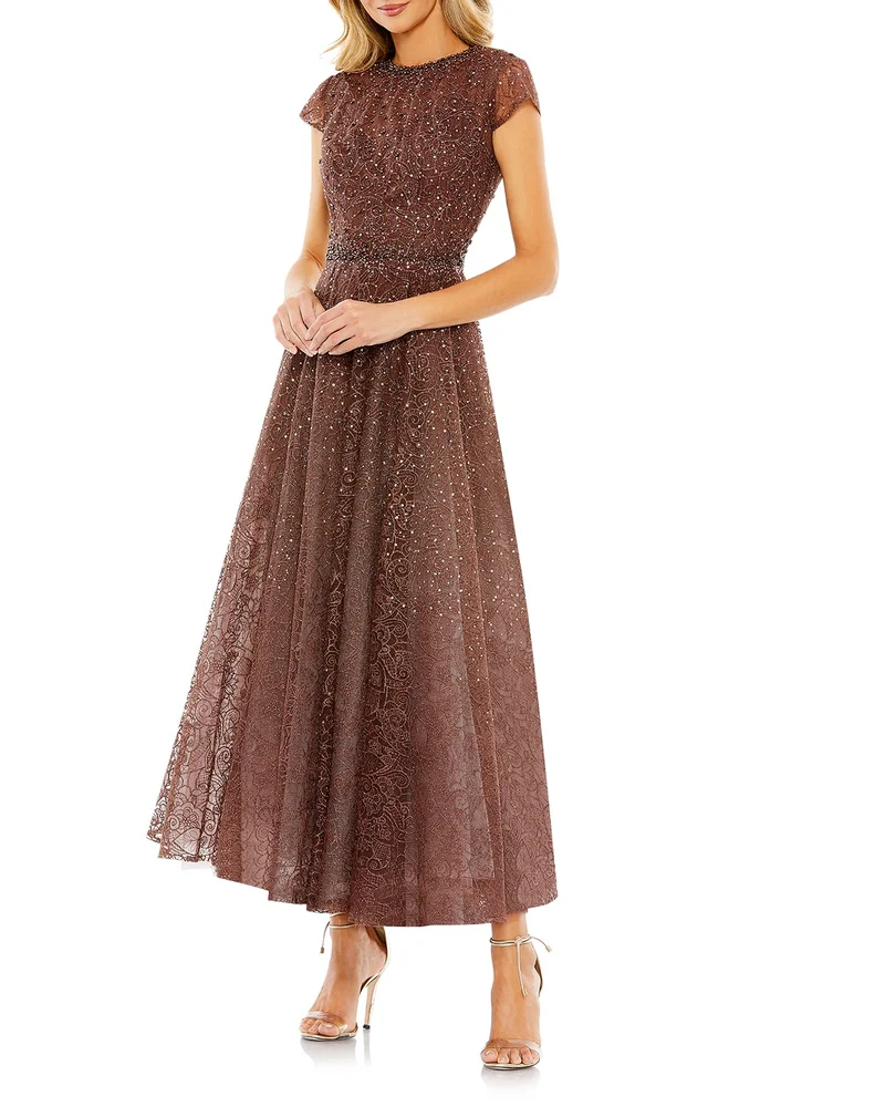 Embellished Cap Sleeve A Line Dress