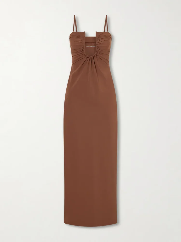Arced ruched satin maxi dress