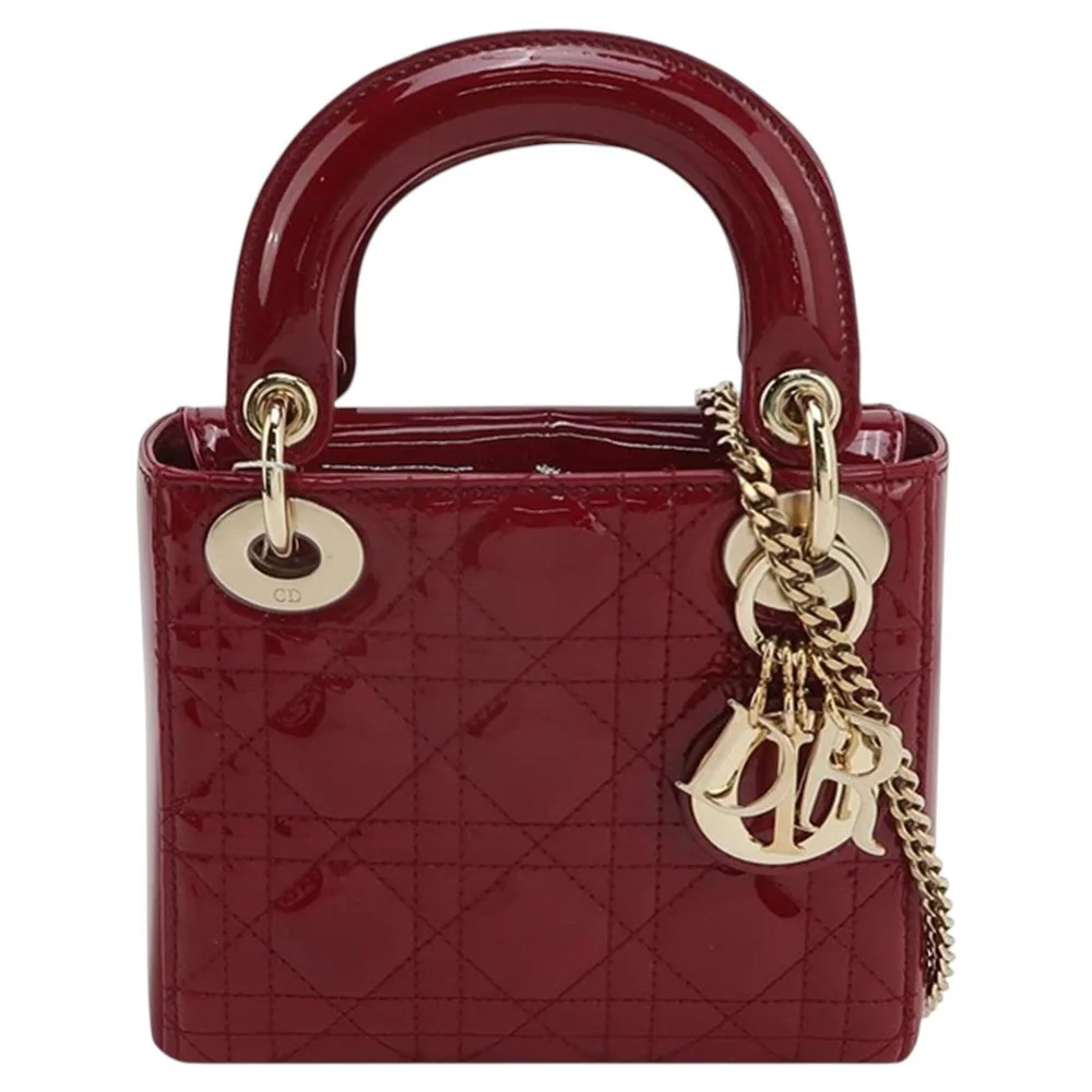 Pre-Owned Mint Red Patent Lady Dior Mini Handbag with Chain Strap