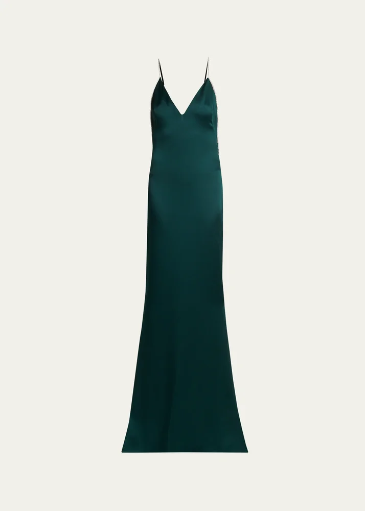 Crystal-Trim Backless Satin Mermaid Gown