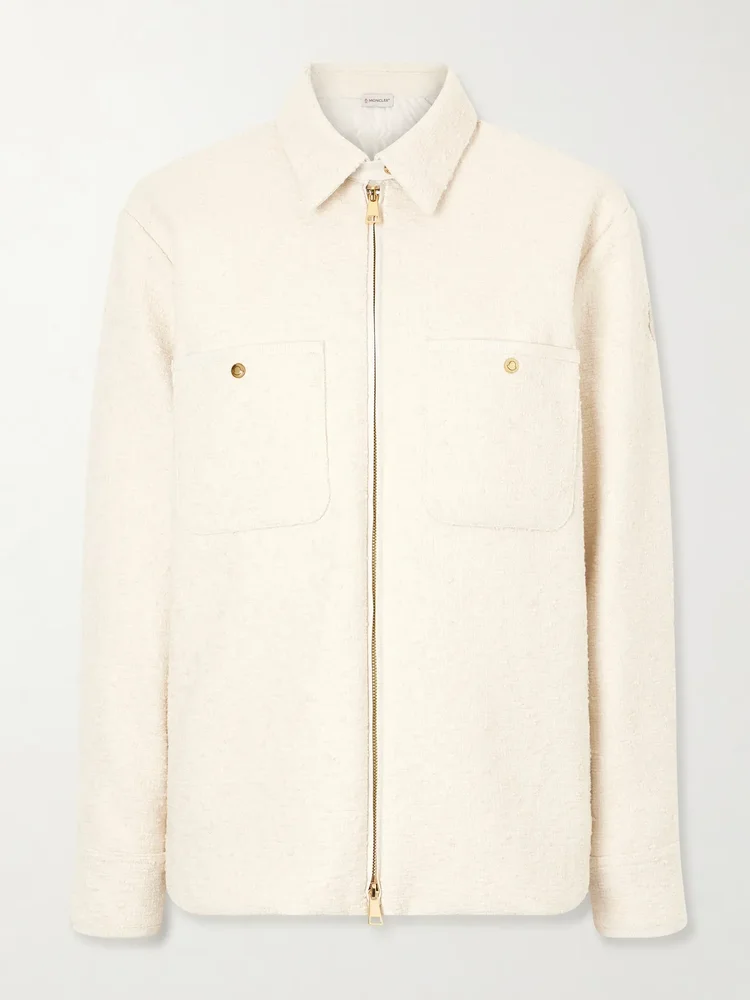 Appliquéd quilted shell and tweed down jacket
