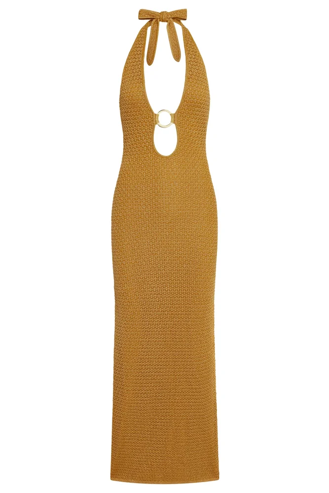 Montego Halter Dress - Antique Gold Lurex Lace Crochet