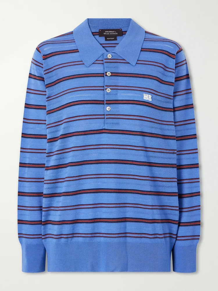 Striped wool and cotton polo shirt