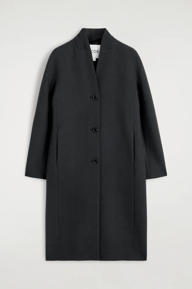 Collarless Wool-twill Coat