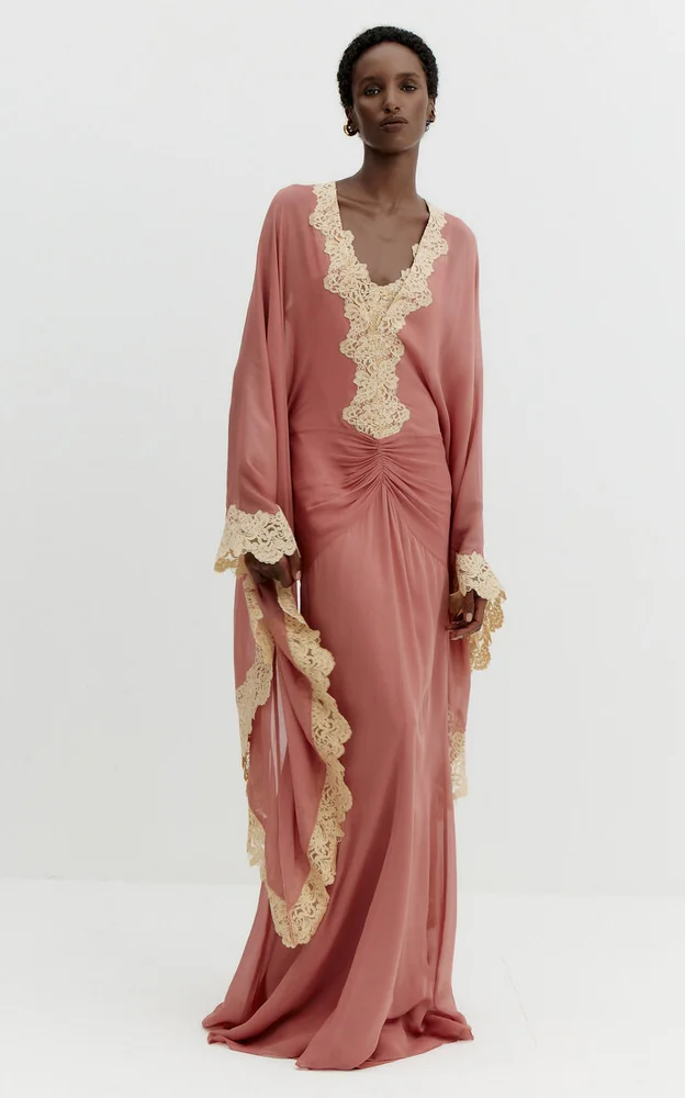 Mirabel Low-Neck Lace Batwing Maxi Dress