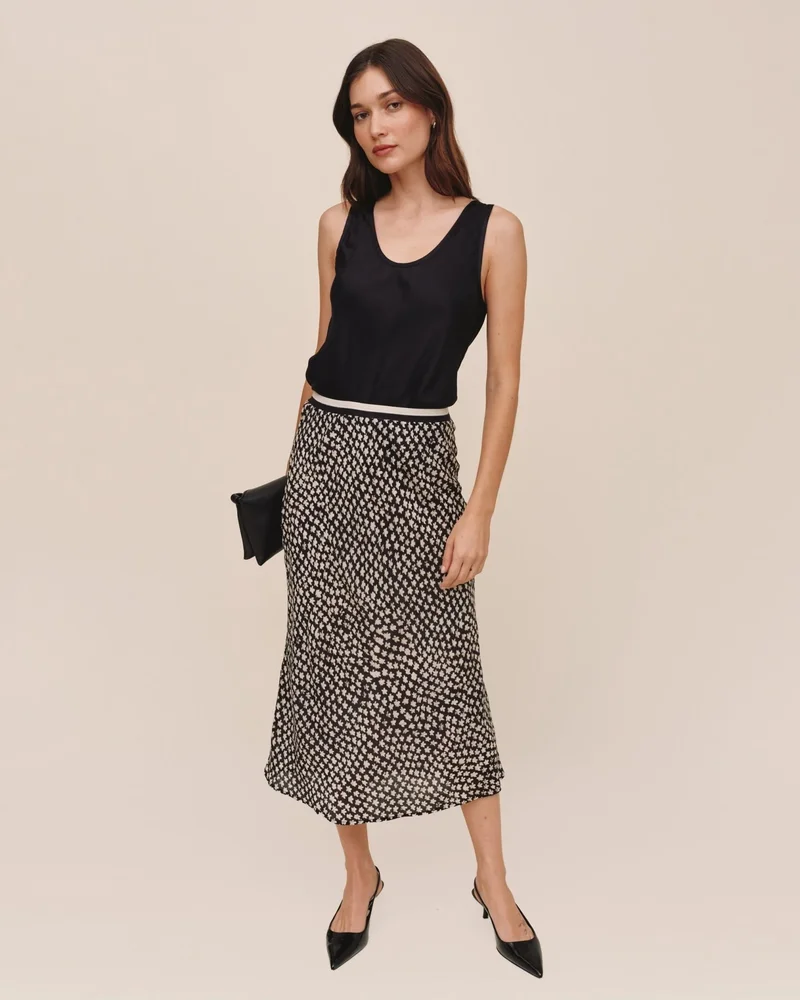 Bias Skirt With Stripe Elastic Waistband - Sketched Stars Print