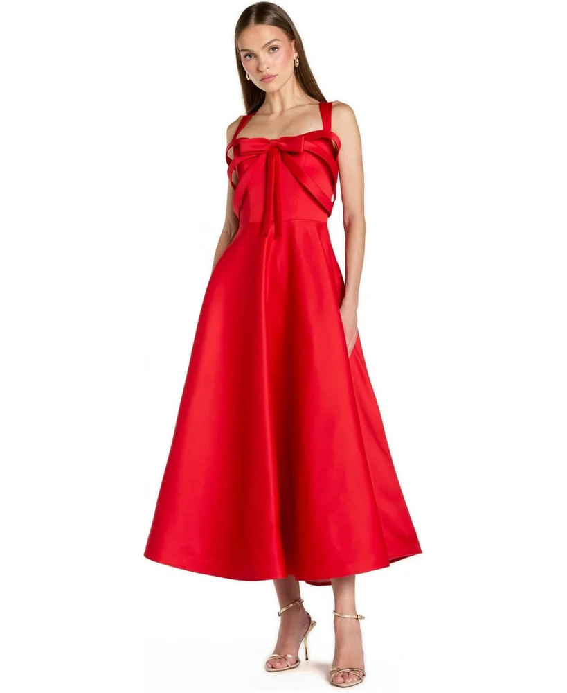 Satin Sleeveless A Line Ankle Dress With Bow