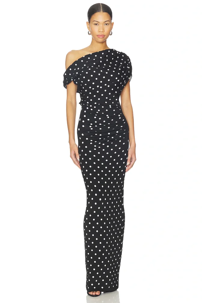 Polka Dot Draped Knit Midi Dress