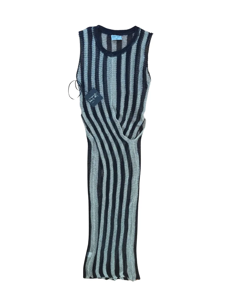 Vine Tree - Black & Silver Striped Knit Cutout Maxi Dress - S/M