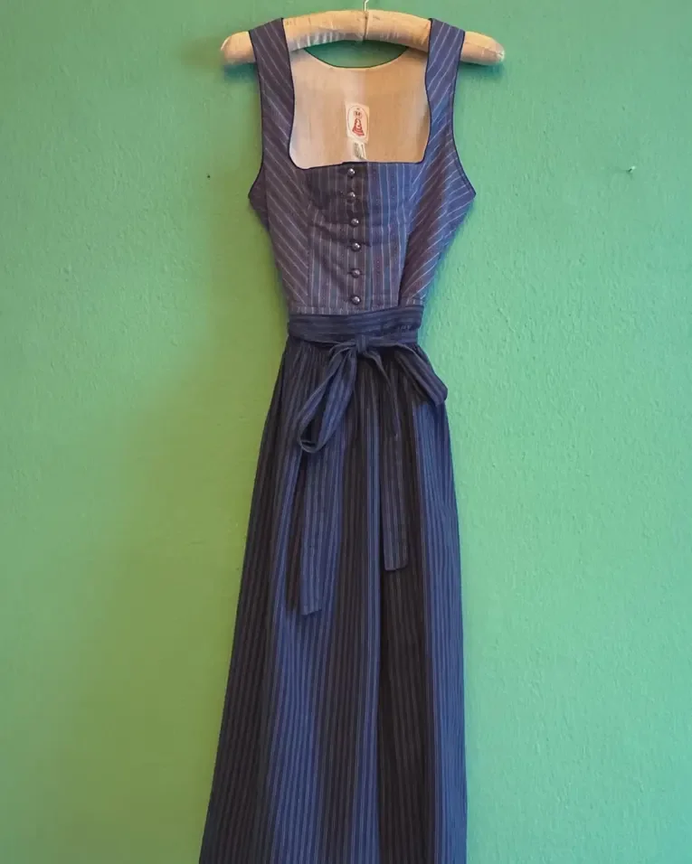 Vintage 1980s Blue Cotton Dirndl with Striped Apron