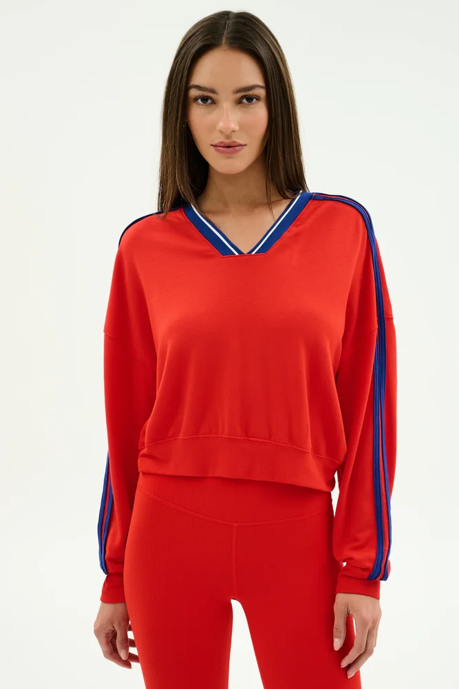 Ellie Fleece V Neck Sweatshirt - Lotus Red/Cobalt