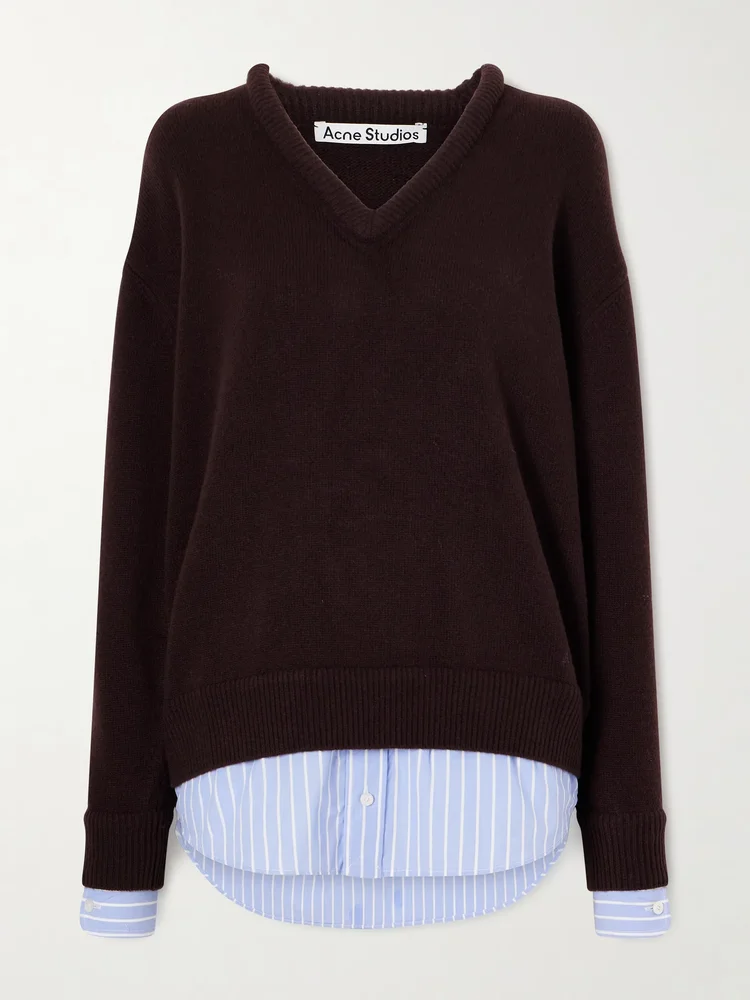 Layered striped poplin-trimmed wool sweater
