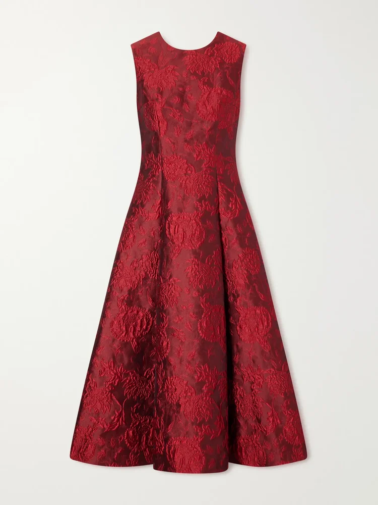 Mara pleated floral-cloqué midi dress