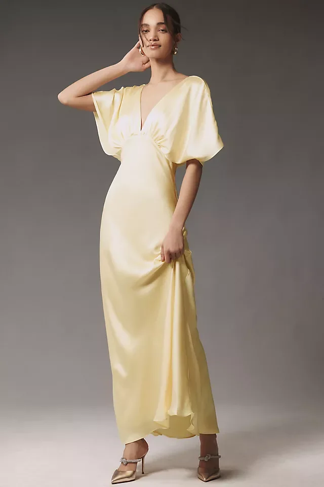 Anthropologie BHLDN Amelia Deep-V Flutter-Sleeve Satin A-Line Gown