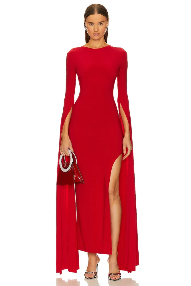 Open Back Ribbon Sleeve Wide Slit Gown