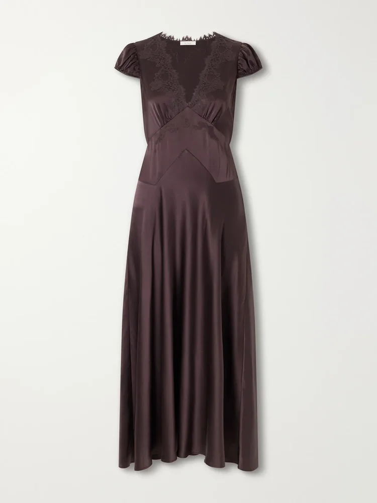 Coraline lace-trimmed silk-satin midi dress