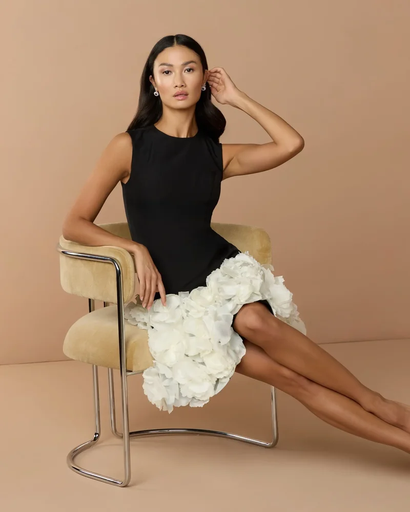 Black Cream Sleeveless Mini Dress With 3D Floral Skirt