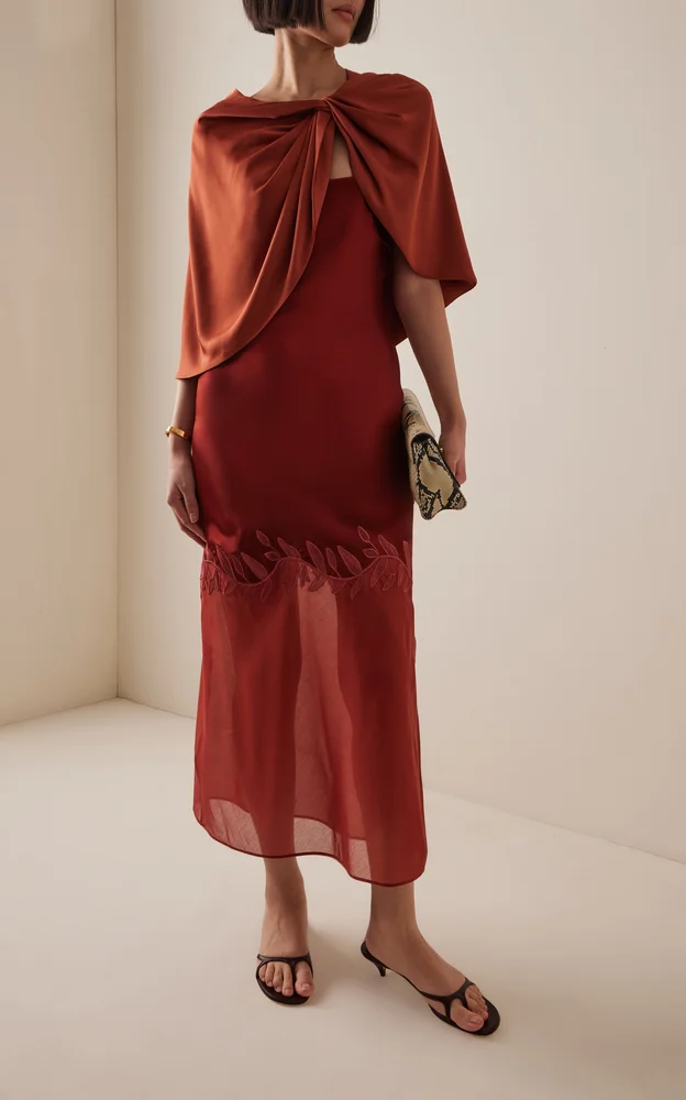 Camilla Organza-Trimmed Embroidered Satin Midi Slip Dress