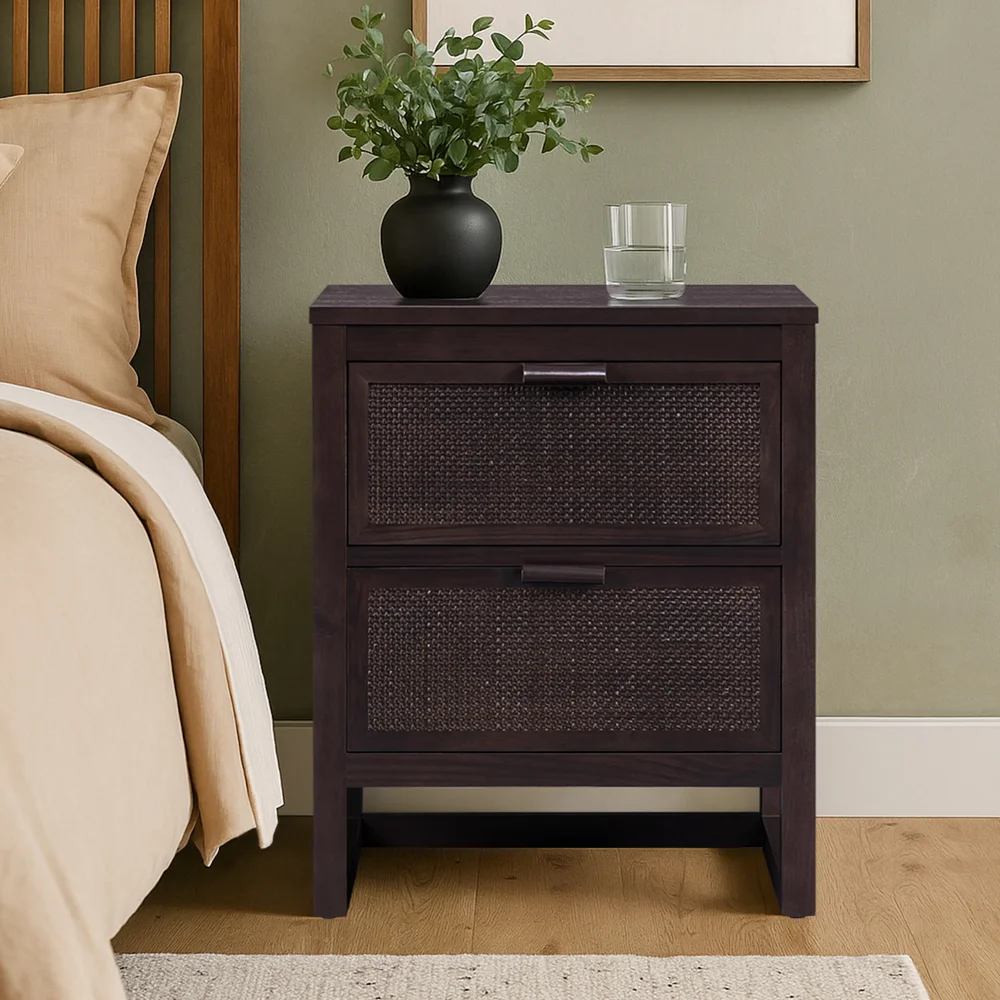 Ameer Medern Boho Solid Wood Nightstand with 2 Deep Drawers, Rattan Inlay For Bedroom Organization & Storage