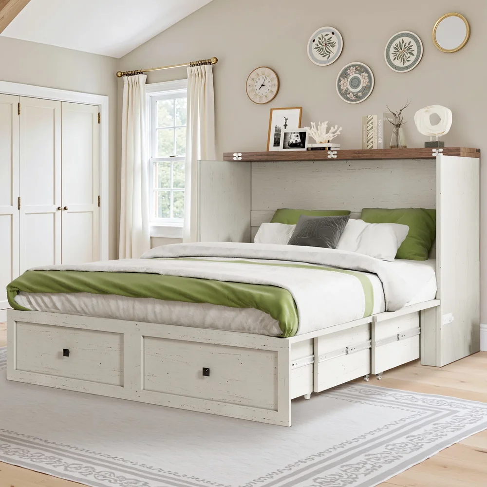 Farmhouse Queen Murphy Bed with Charging Station and Fold Mattress