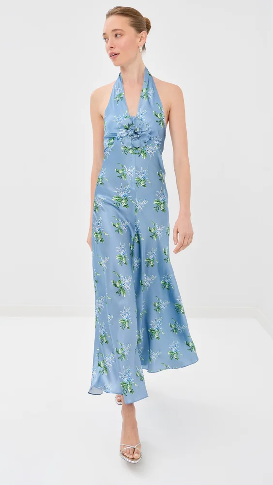 Blue Bouquet Floral Silk Satin Dress