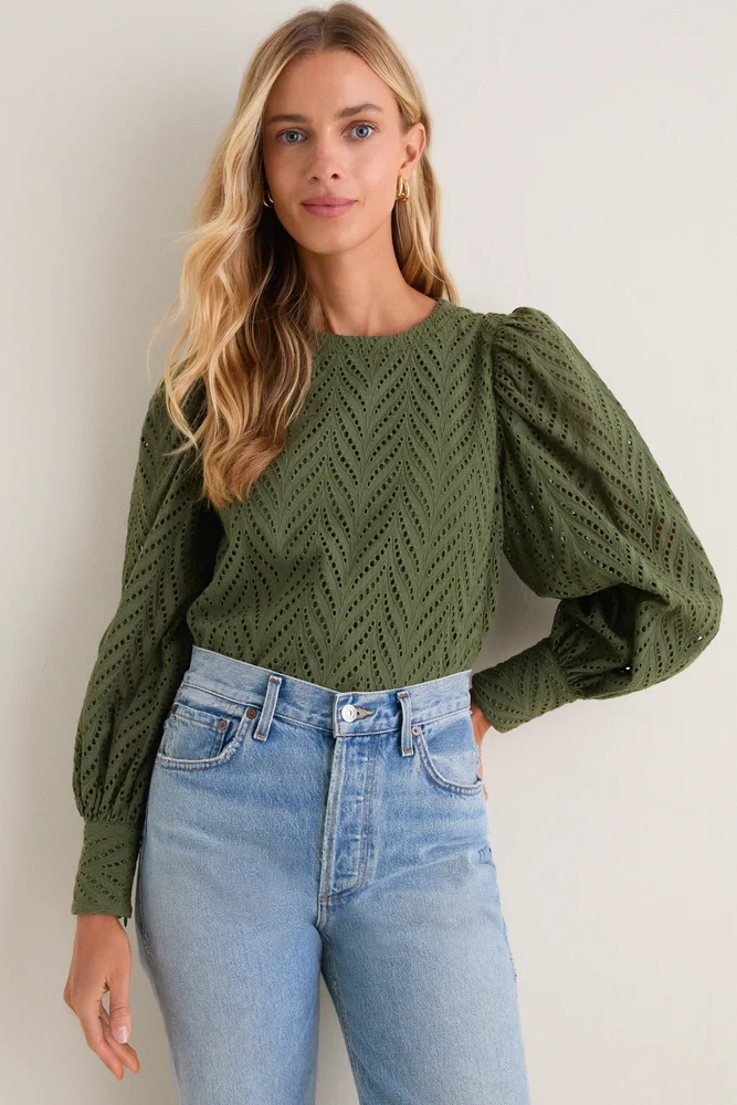 Hyacinth House Olive Eyelet Long Sleeve Harriet Blouse