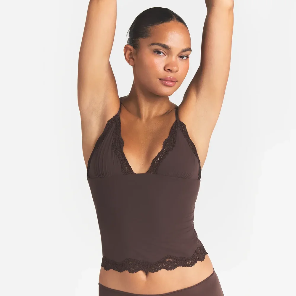 Fits Everybody Lace Triangle Cami And Boy Short Set in Espresso