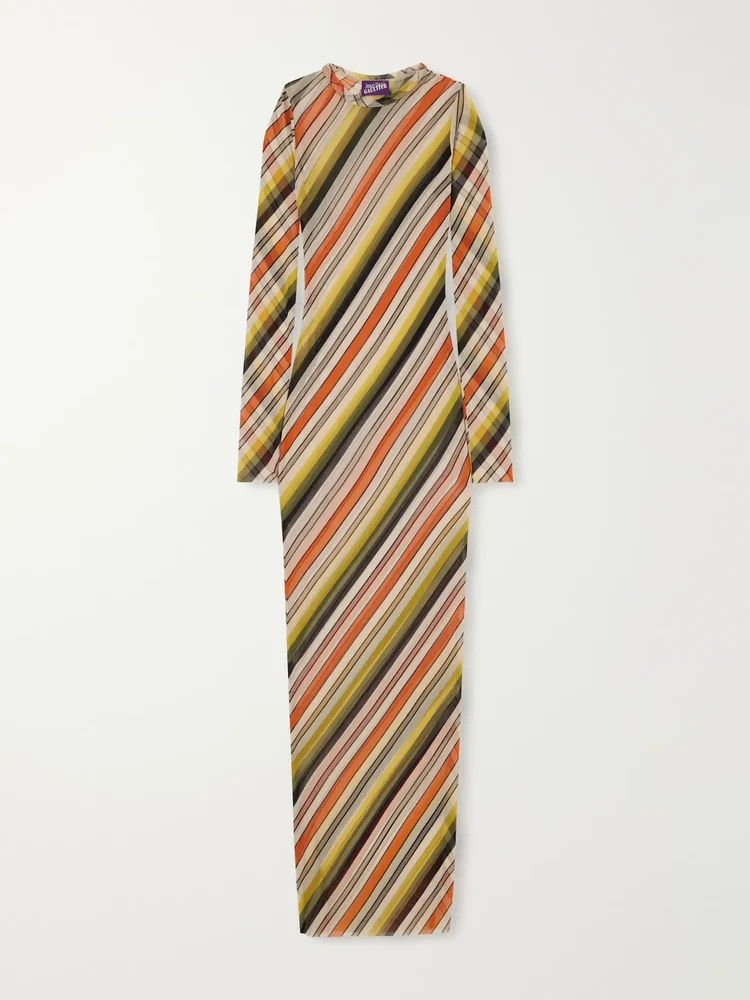 retro stripe printed mesh maxi dress