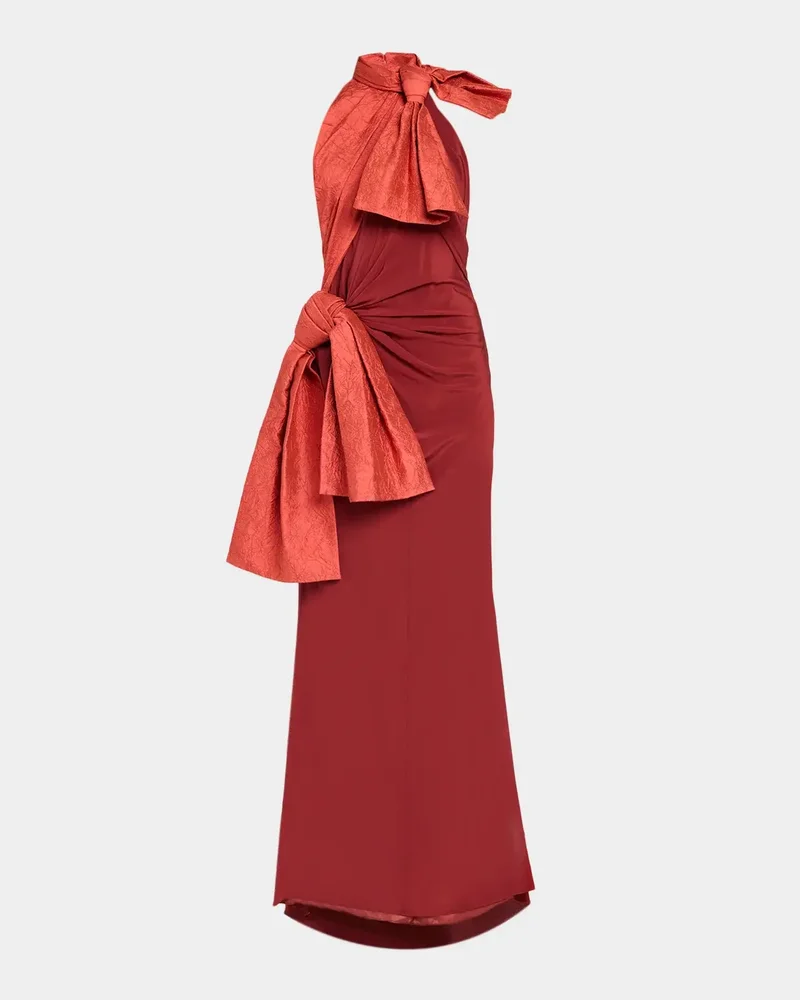 Silk Crepe De Chine Double-Bow Taffeta Halter Gown