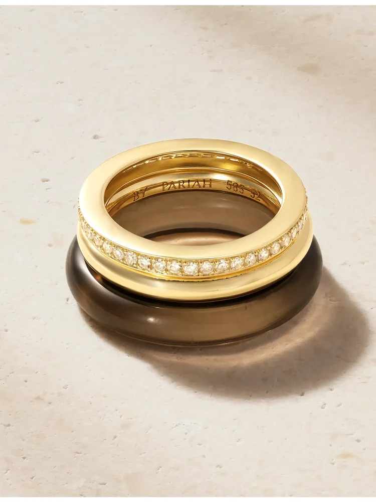 Set of three 14-karat gold, diamond and smokey quartz rings