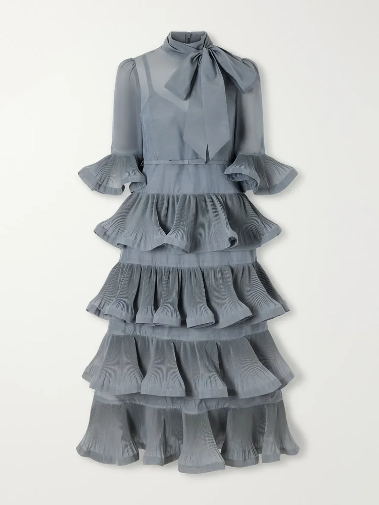 pussy bow ruched tiered plisse organza midi dress