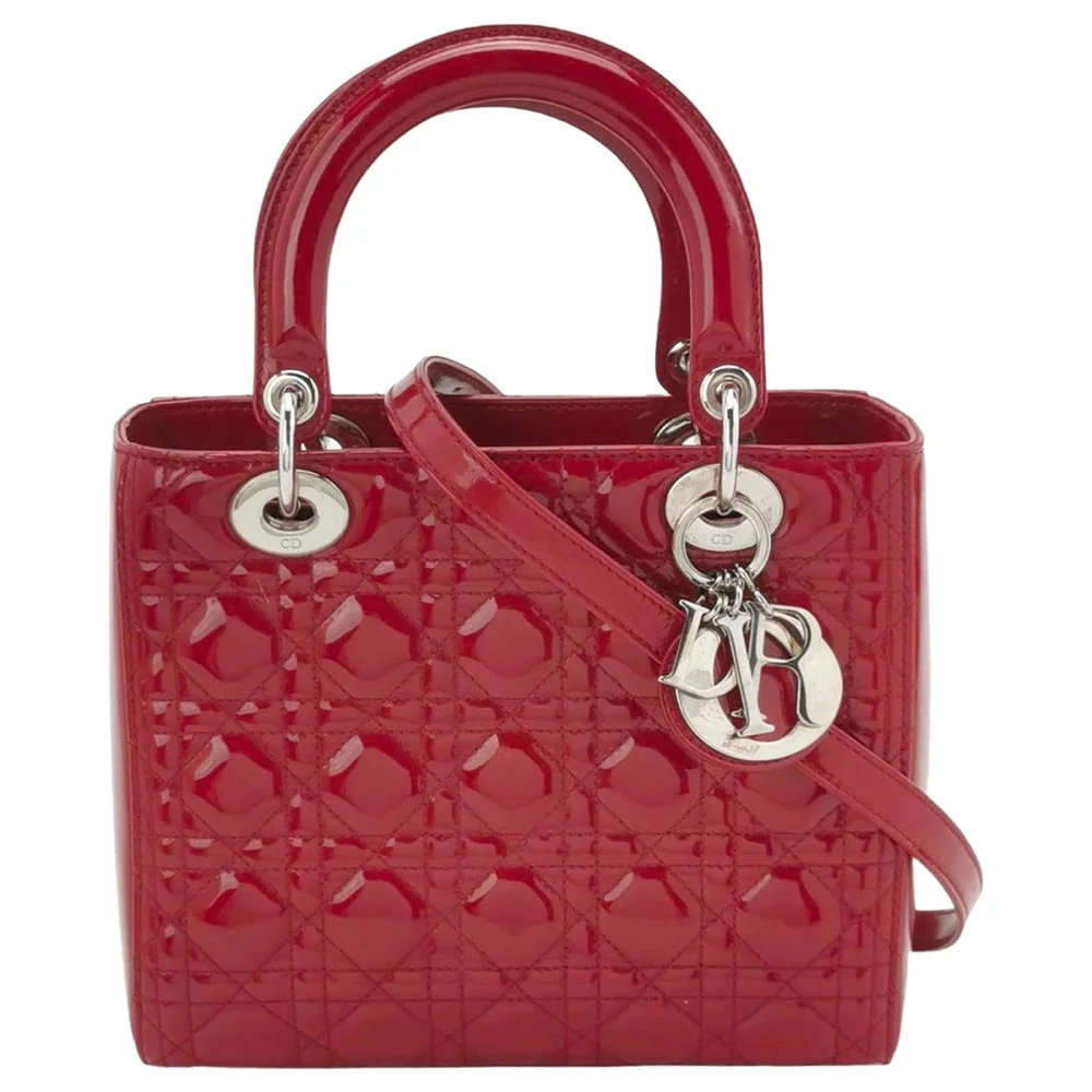 Pre-Owned Very Good Red Burgundy Patent Leather Medium Lady Dior