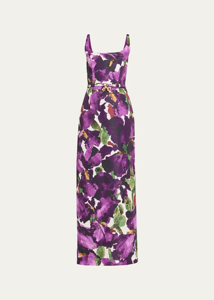 Watercolor Iris Faille Belted Sleeveless Column Gown