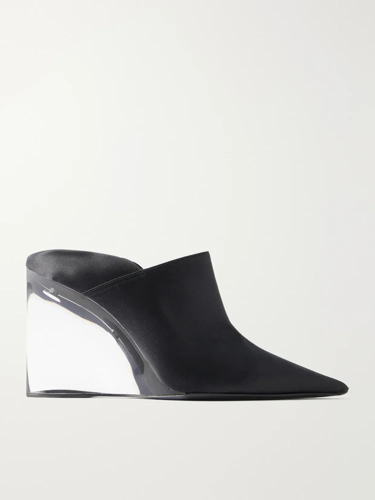 90 satin wedge mules
