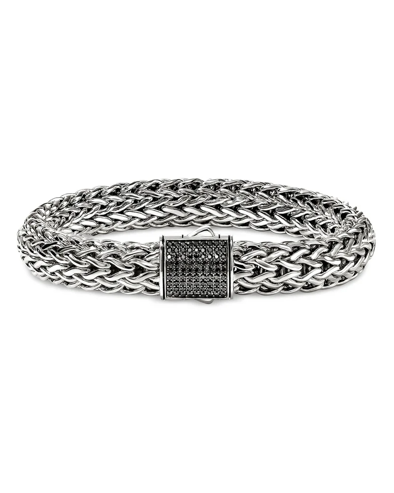 Sterling Silver Icon Black Sapphire Pavé Clasp Woven Link Bracelet, 10.5mm
